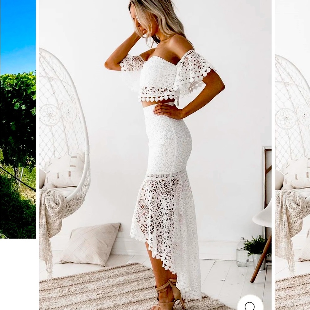 Two Sisters The Label, white custom lace fabric over lay a two piece dress